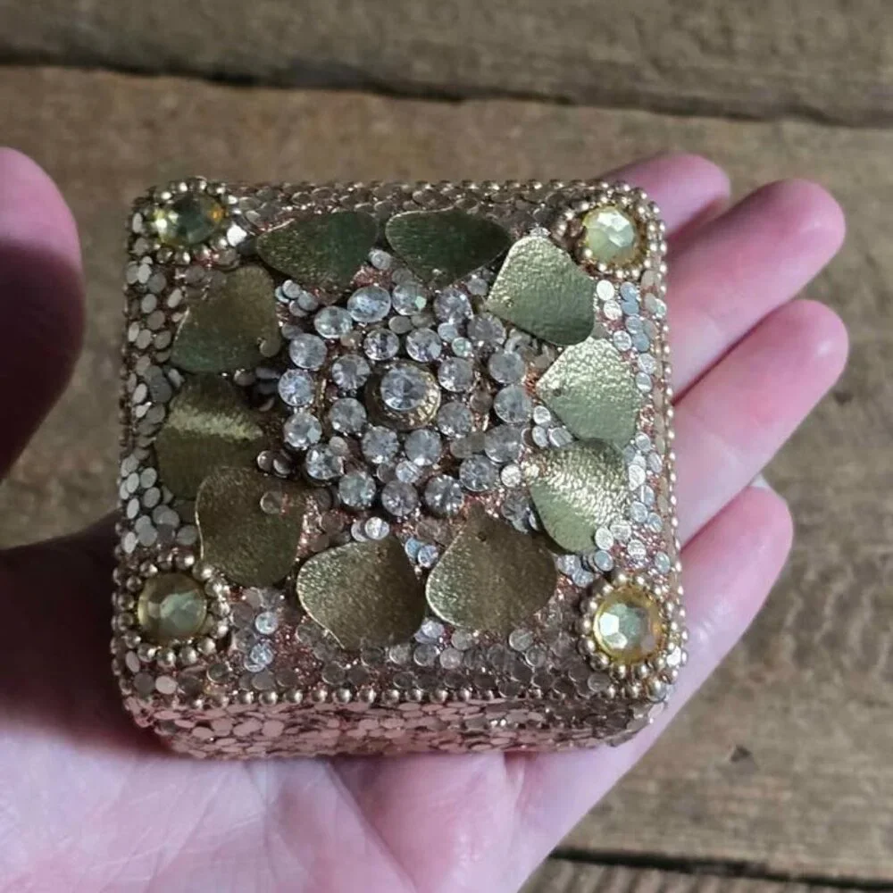 Vintage Beaded Gold Jewlry Box Tin Ring Earring Necklace Bling Storage Container